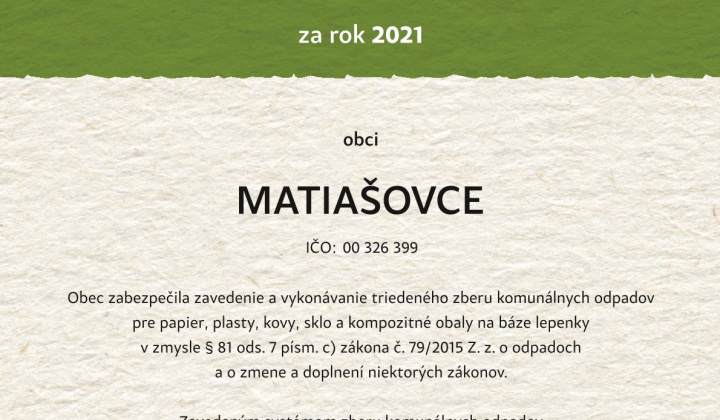 Aktuality / CERTIFIKÁT za rok 2021 - foto